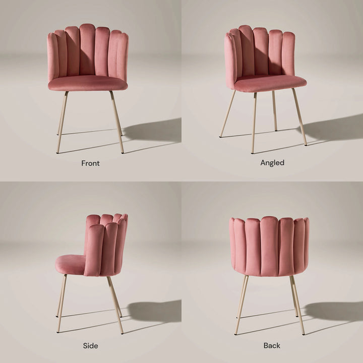 Front, side and back views of Fleur pink Fabric modern vanity chair.