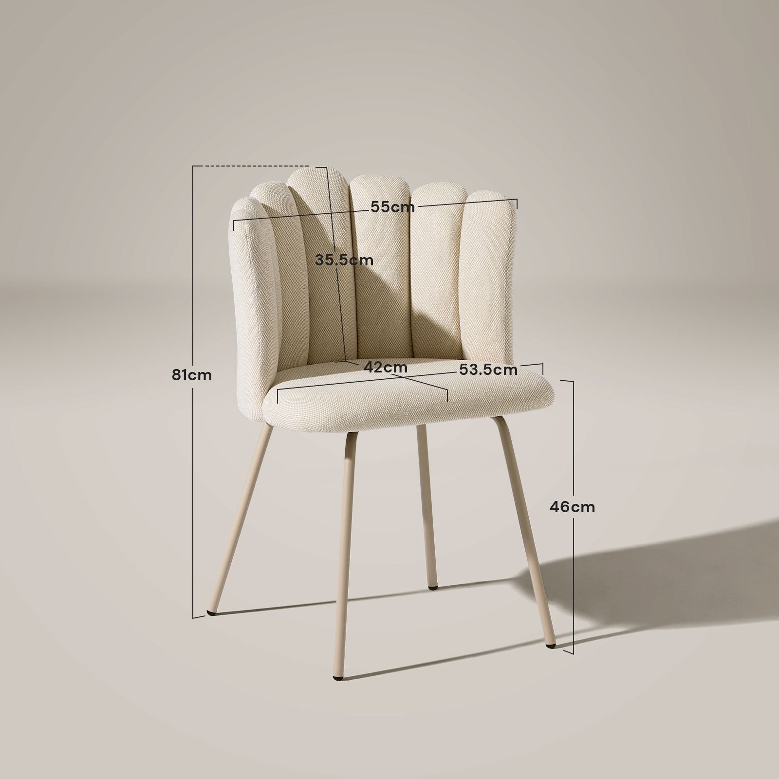 Detailed size dimensions of Fleur Cream Fabric vanity and desk chair.