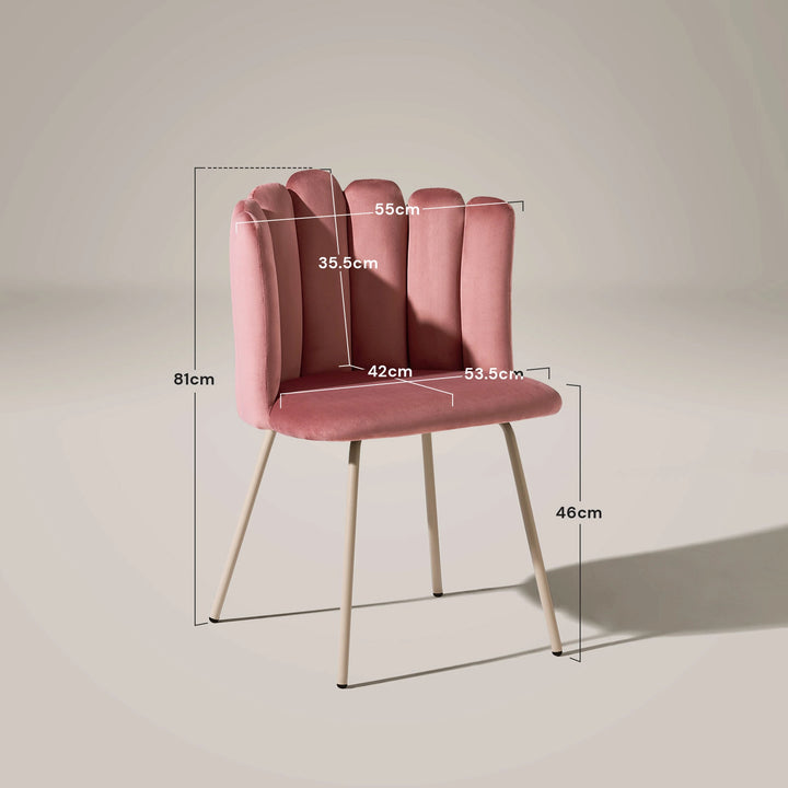 Detailed size dimensions of Fleur pink Fabric vanity and desk chair.