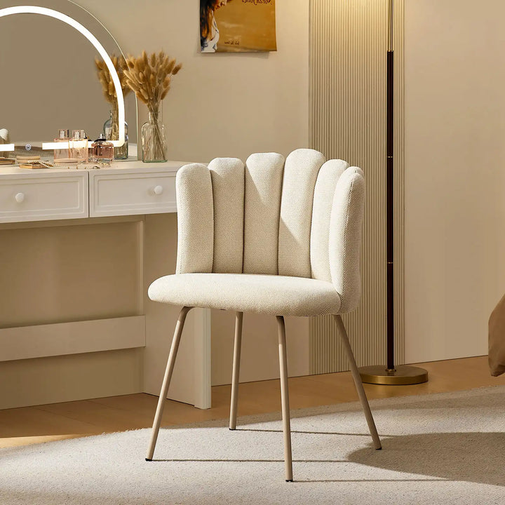 Fleur Cream Fabric vanity stool in a bedroom dressing table setup.
