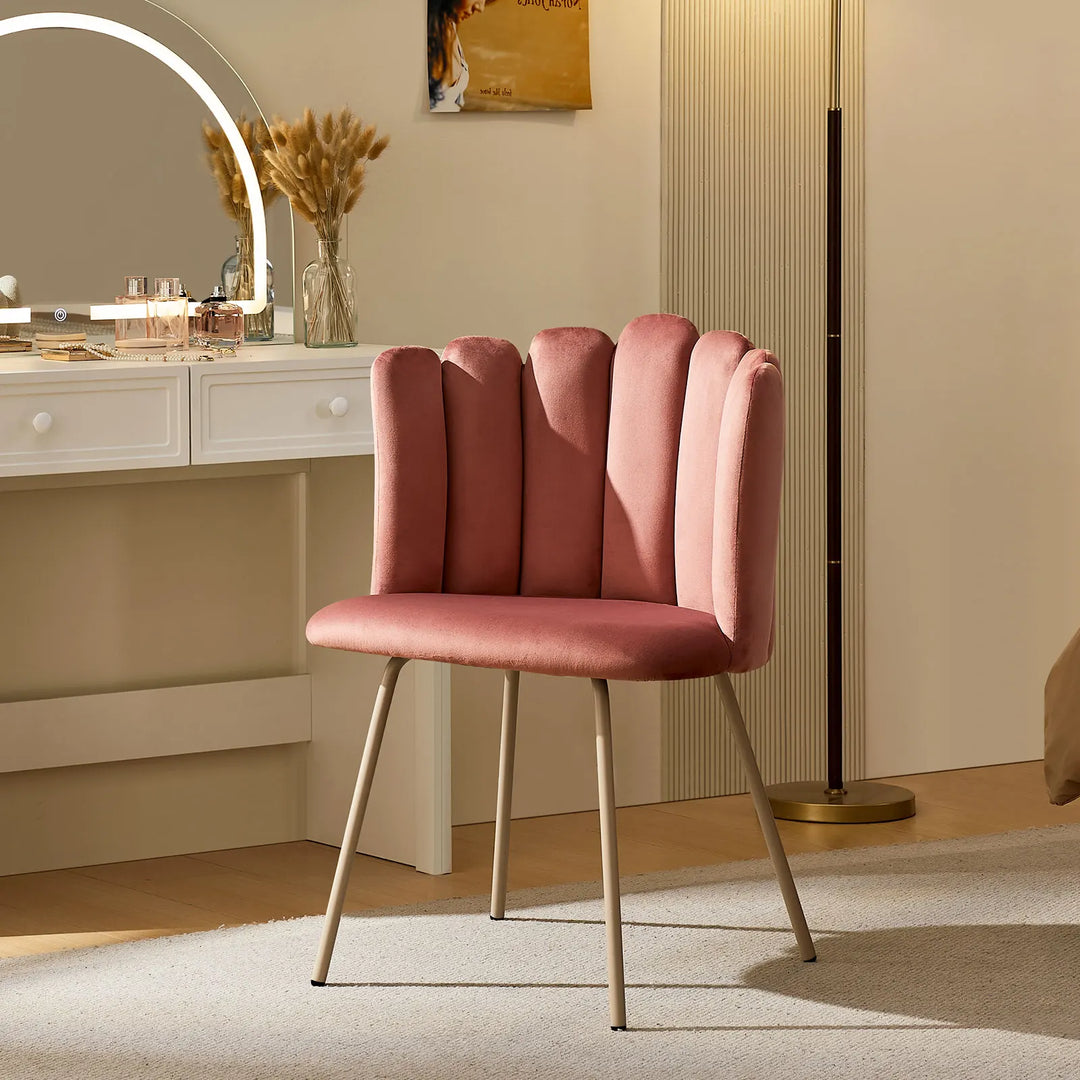 Fleur pink Fabric vanity stool in a bedroom dressing table setup.
