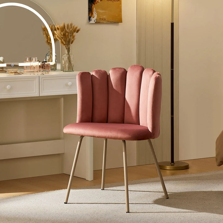 Fleur pink Fabric vanity stool in a bedroom dressing table setup.