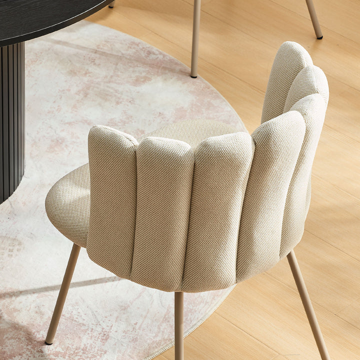Top view of modern Fleur Cream Fabric dining chair with curved petal back design.