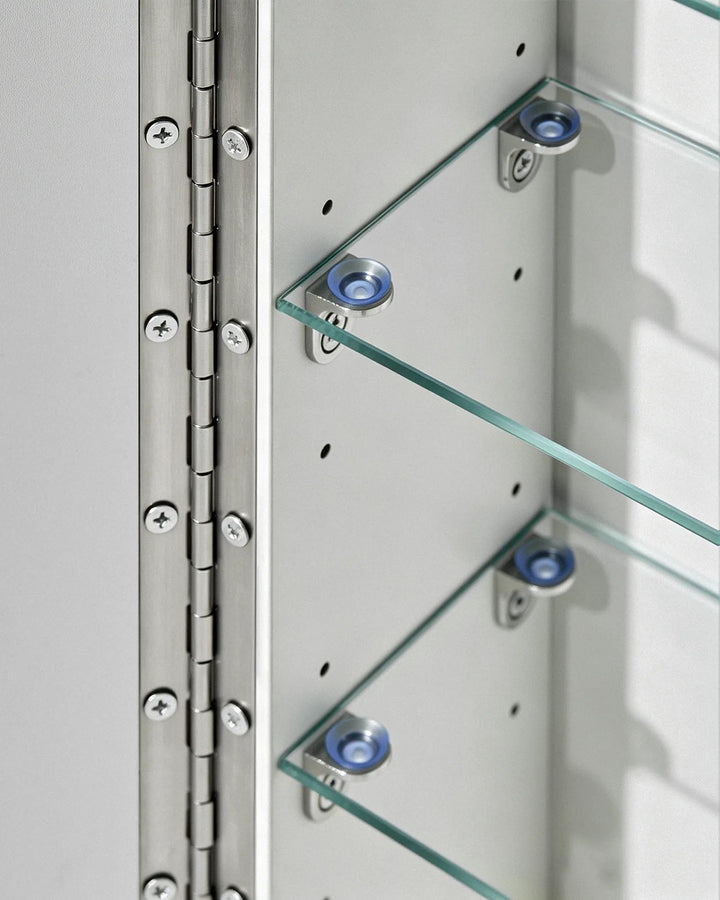 Durable stainless steel piano hinge on Arcadia bathroom cabinet door for long-term stability.