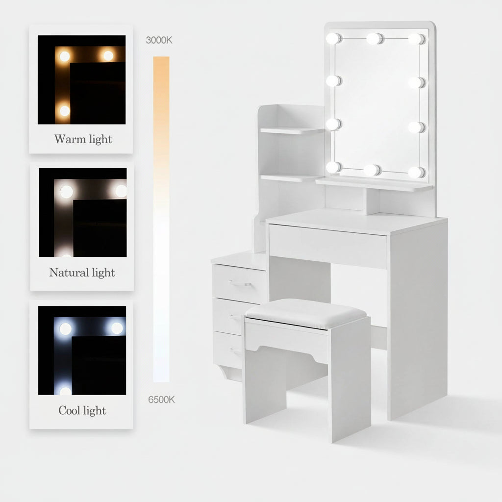Showing the 3-colour lighting modes (warm/natural/cool) of the dressing table 