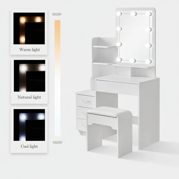 Showing the 3-colour lighting modes (warm/natural/cool) of the dressing table 