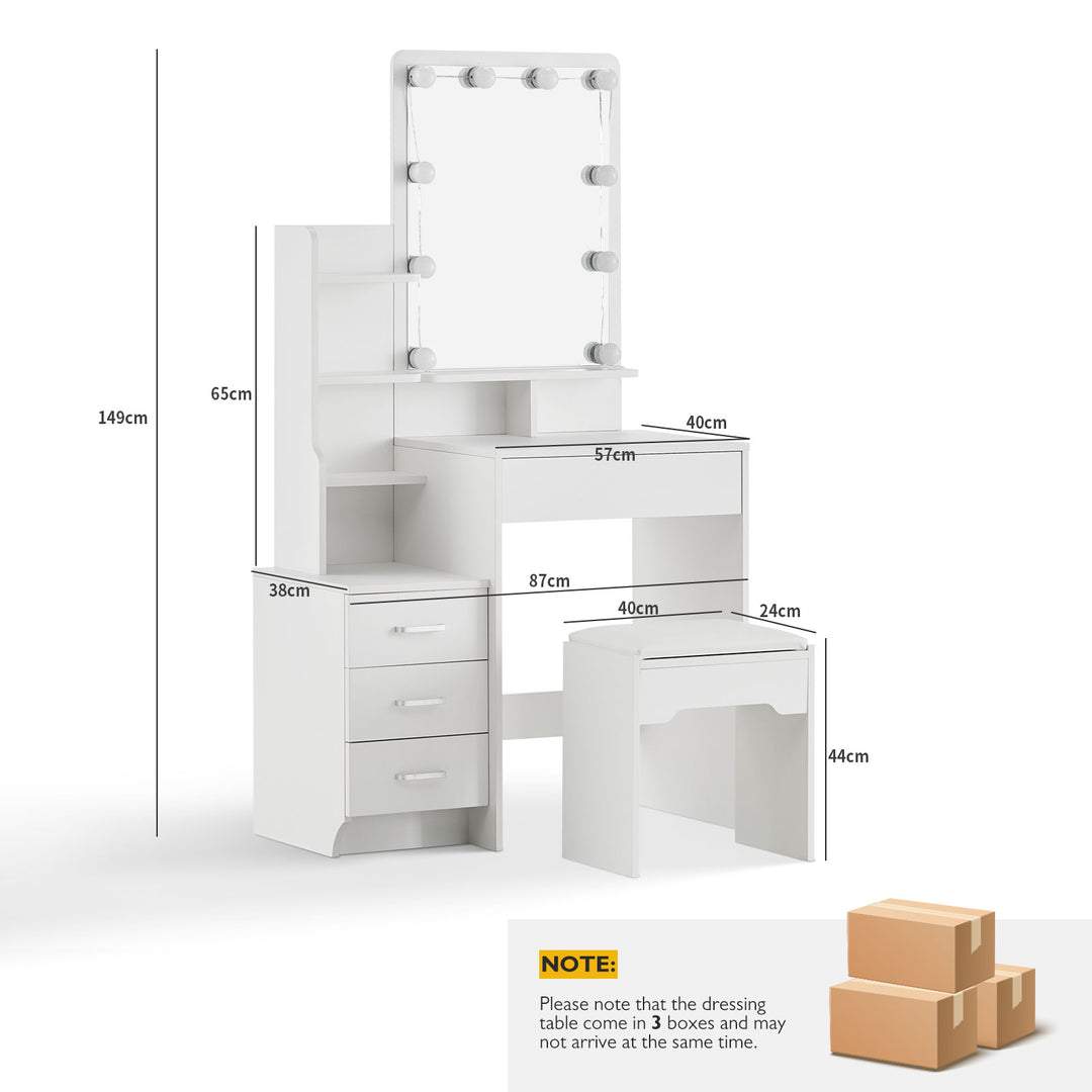The dimensions of the dressing table with lights, overall dimension: W87 x D40 x H149 cm; stool dimension: W40 x D24 x H44 cm, dispatched in 3 boxes.