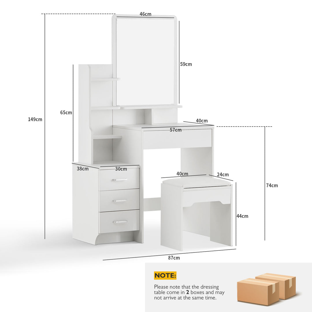 The dimensions of the dressing table without lights, overall dimension: W87 x D40 x H149 cm; stool dimension: W40 x D24 x H44 cm, dispatched in 2 boxes.