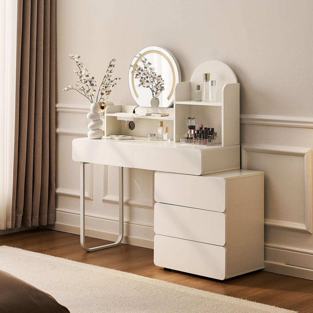 white colour dressing table Modern White Dressing Table with Charging Station,LED Lights&Round Mirror – CLIPOP furniture