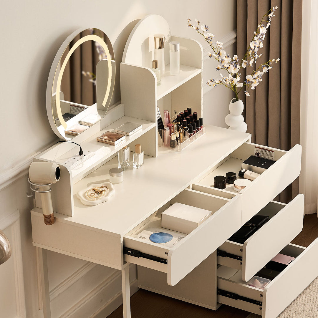 Modern White Dressing Table with Charging Station,LED Lights&Round Mirror – CLIPOP furniture