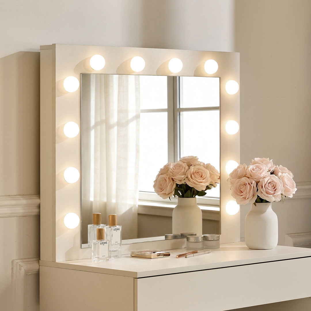1 Drawer White Vanity Dressing Table Set with Hollywood Mirror & Lights, Small Makeup Desk with Storage CLIPOP furniture 1 Drawer White Vanity Dressing Table Set with Hollywood Mirror & Lights, Small Makeup Desk with Storage CLIPOP furniture