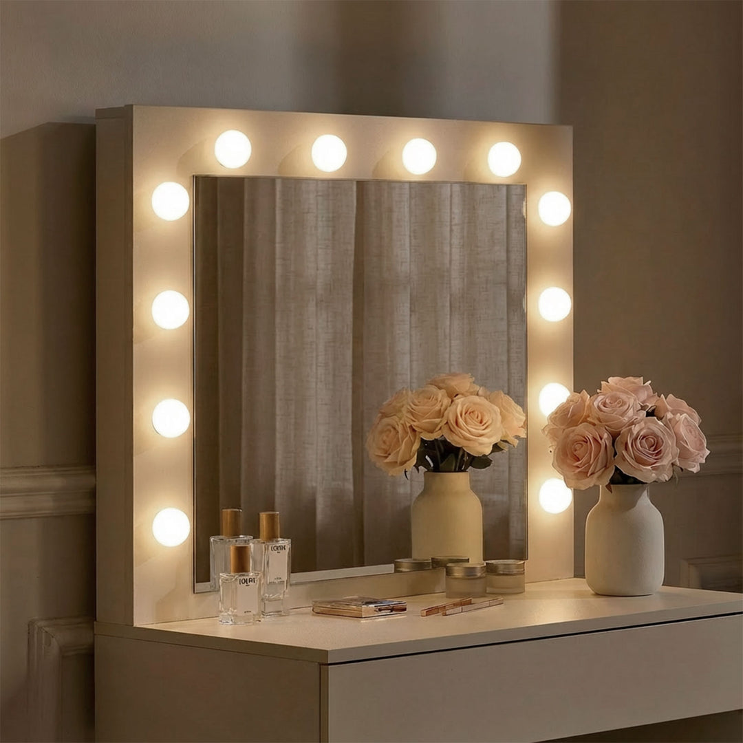 1 Drawer White Vanity Dressing Table Set with Hollywood Mirror & Lights, Small Makeup Desk with Storage CLIPOP furniture 1 Drawer White Vanity Dressing Table Set with Hollywood Mirror & Lights, Small Makeup Desk with Storage CLIPOP furniture