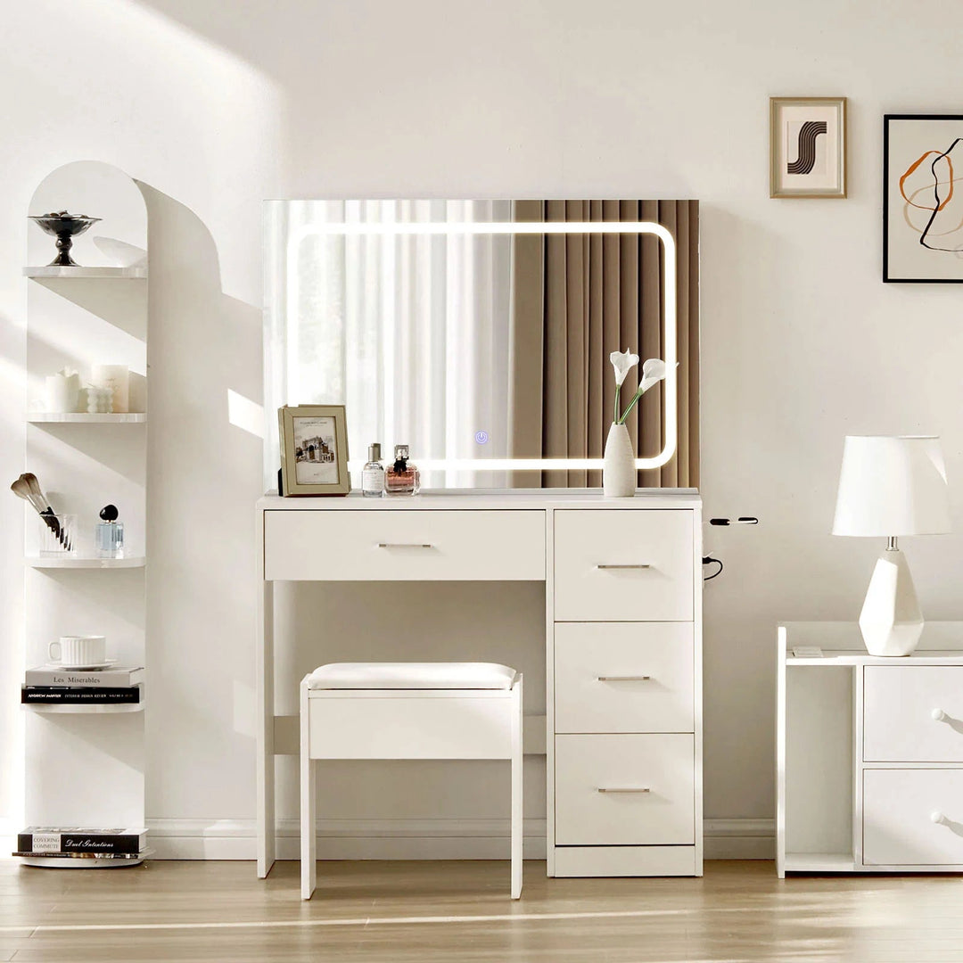 White LED Mirror Dressing Table Set with Stool, Drawers Vanity