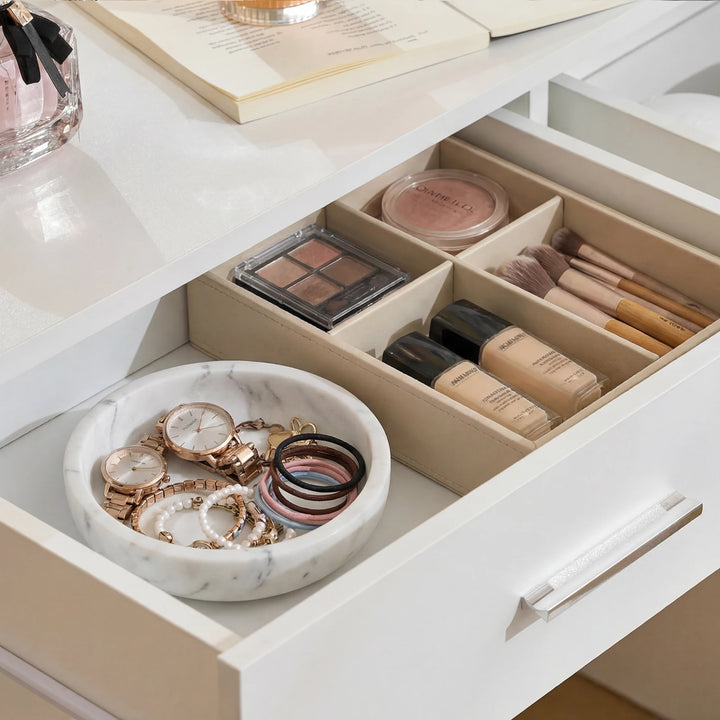 Spacious double-drawer storage of the Hollywood White Dressing Table Set, suitable for most cosmetics