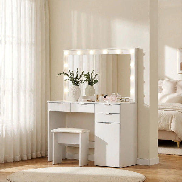 dressing table white modern 4 Drawers Hollywood Dressing Table with LED Light, White Large Vanity Desk  with Stool – CLIPOP furniture