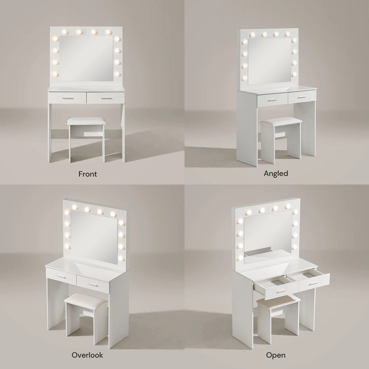 Front, side and top views of the Hollywood White Dressing Table Set displayed together
