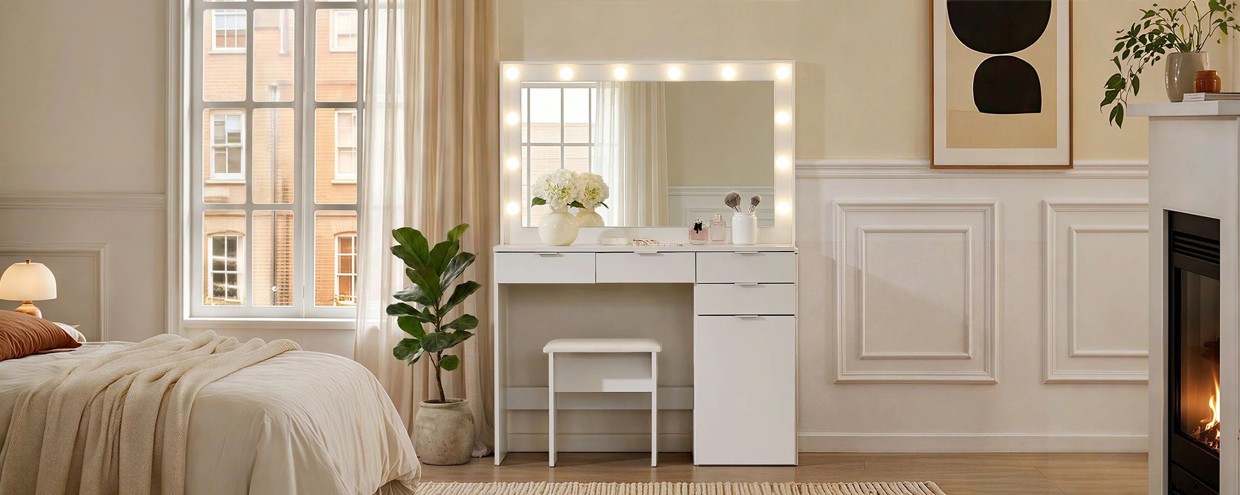 4 Drawers Hollywood Dressing Table with LED Light, White Large Vanity Desk with Stool CLIPOP furniture 4 Drawers Hollywood Dressing Table with LED Light, White Large Vanity Desk with Stool CLIPOP furniture