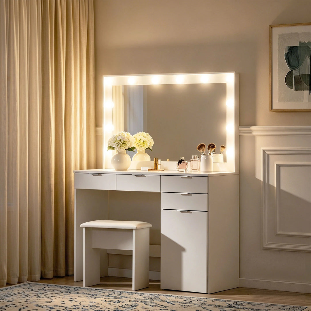 4 Drawers Hollywood Dressing Table with LED Light, White Large Vanity Desk  with Stool – CLIPOP furniture