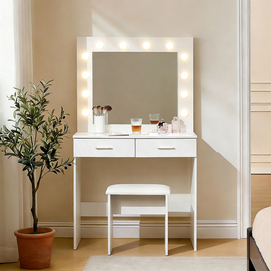 Hollywood White Dressing Table Set  placed beside the bed in a bedroom, front view