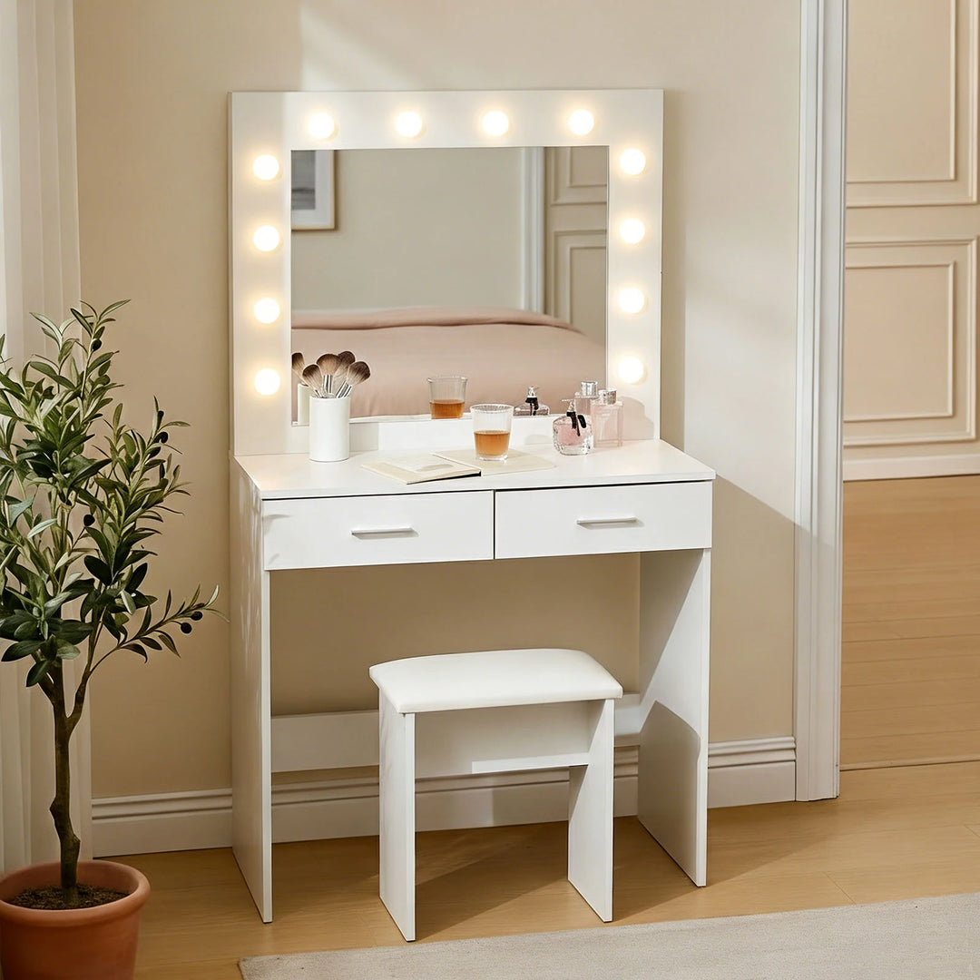 Hollywood White Dressing Table Set displayed from the side in a modern bedroom setting