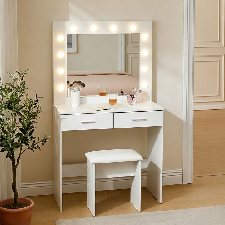 Hollywood White Dressing Table Set displayed from the side in a modern bedroom setting