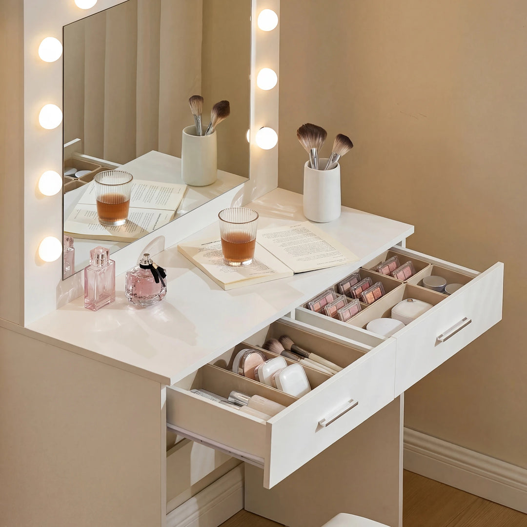Two drawers of the Hollywood White Dressing Table Set opened, storing makeup and beauty products