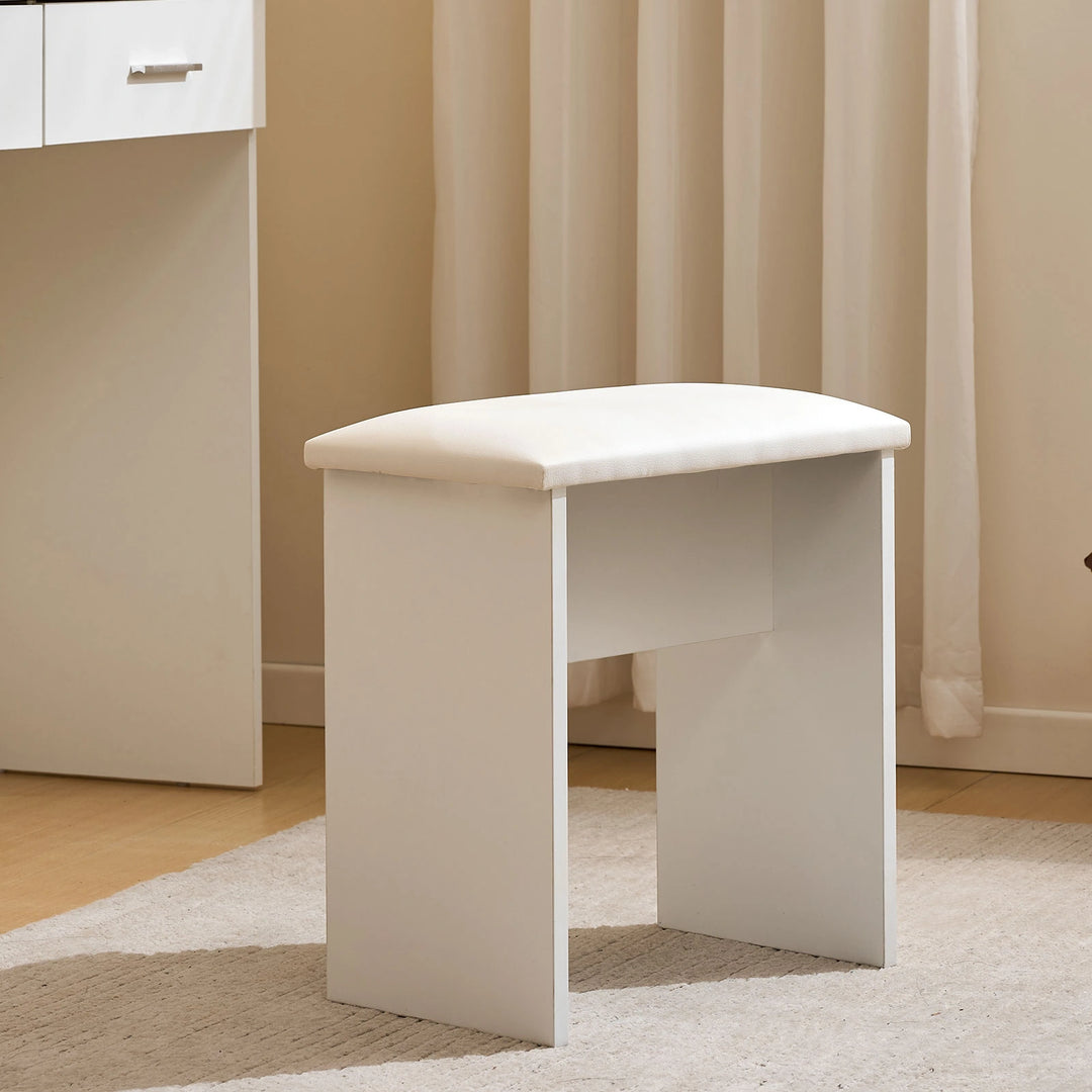 Close-up detail of the matching stool from the Hollywood White Dressing Table Set