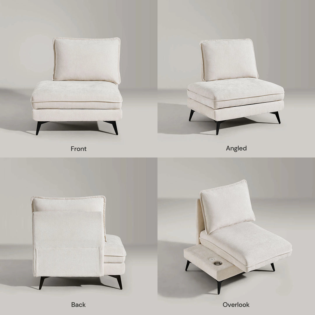 Hudson modular sofa (left) on white background showing front, side, back and extended seat views