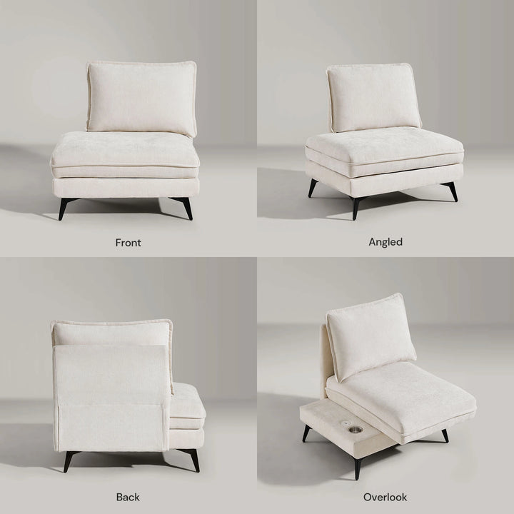 Hudson modular sofa (left) on white background showing front, side, back and extended seat views