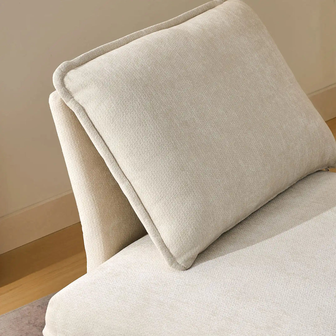 Close-up of Hudson modular sofa (left) backrest cushions showing plush comfort and soft chenille fabric