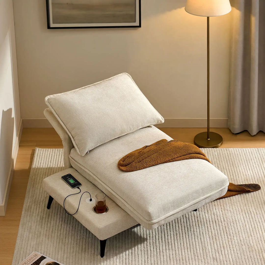 Hudson modular sofa (left) with fully reclined backrest, transforming into a lounge sofa in living room corner