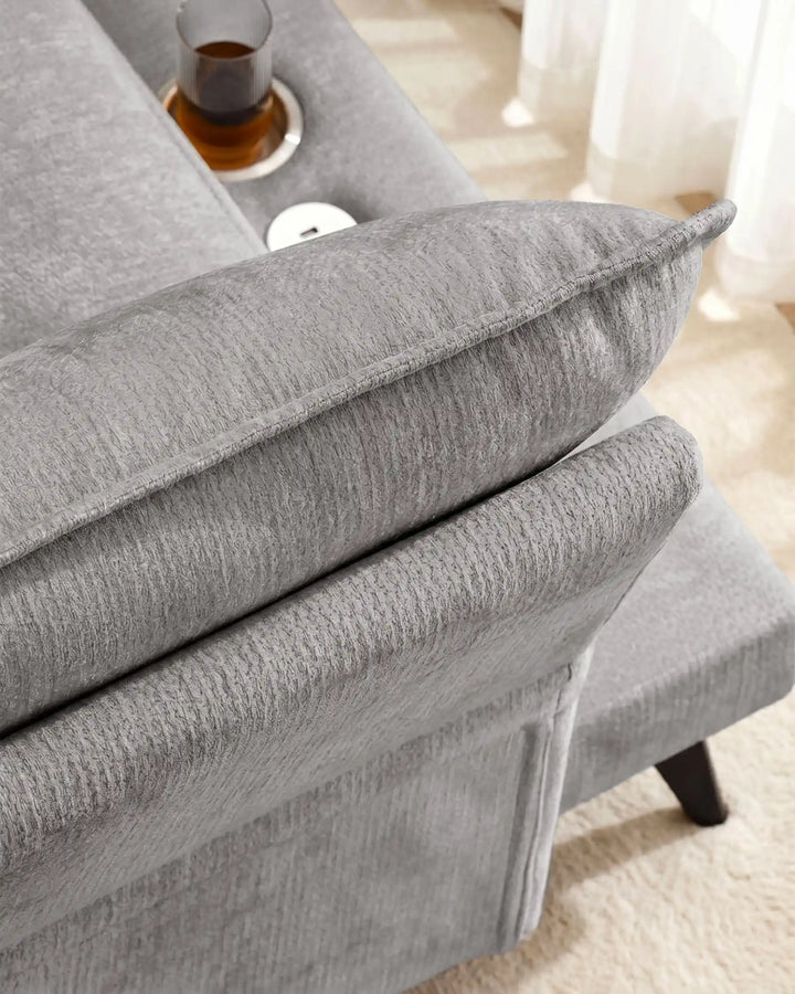 Top view of grey Hudson modular sofa (left) highlighting fine craftsmanship and detailing