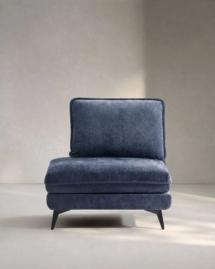 Hudson blue modular sofa (left) on white background showing front view