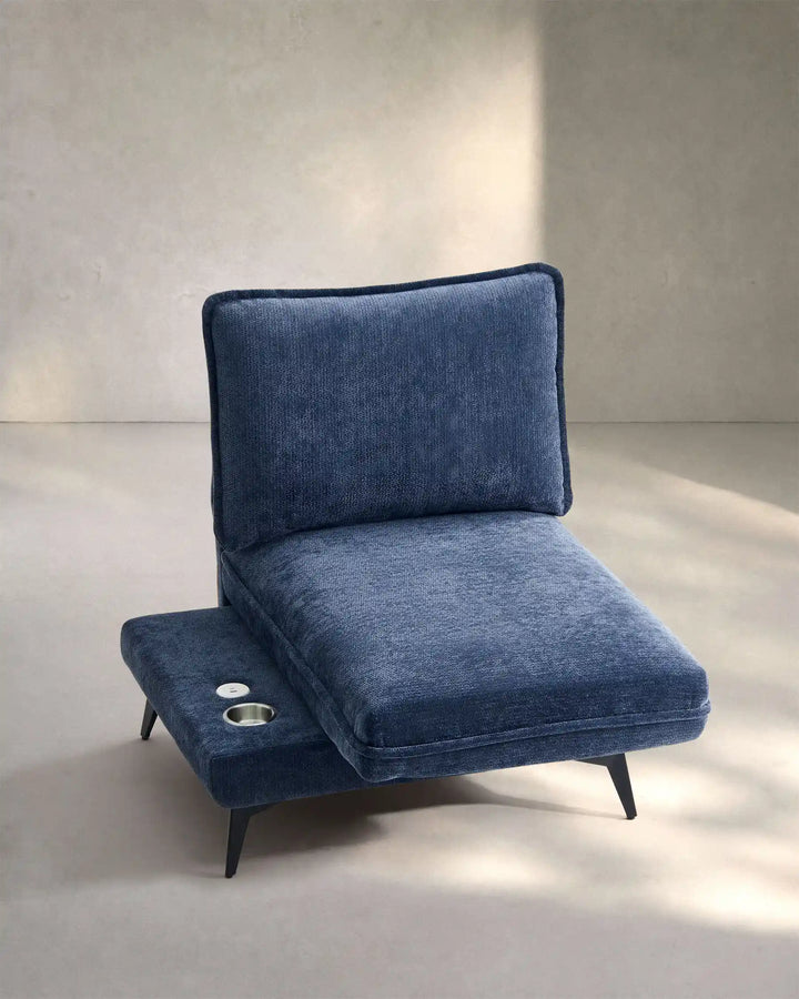 Hudson blue modular sofa (left) on white background showing extended seat view
