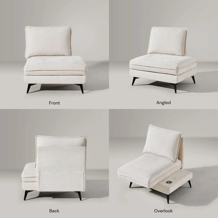 Hudson modular sofa (right) on white background showing front, side, back and extended seat views