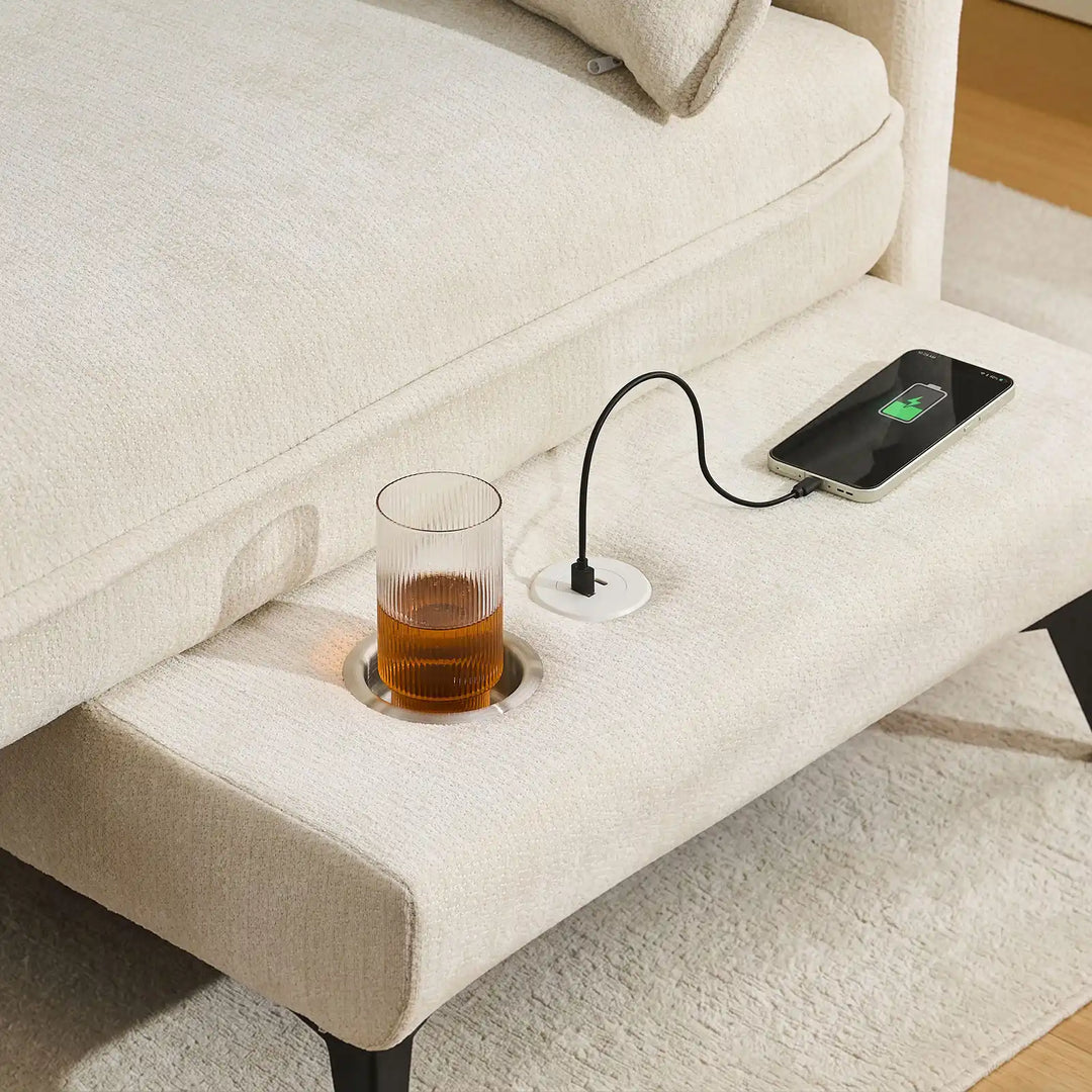Close-up of Hudson modular sofa (right) USB port and integrated cup holder
