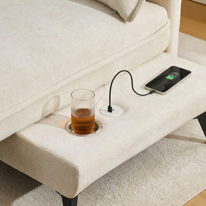 Close-up of Hudson modular sofa (right) USB port and integrated cup holder