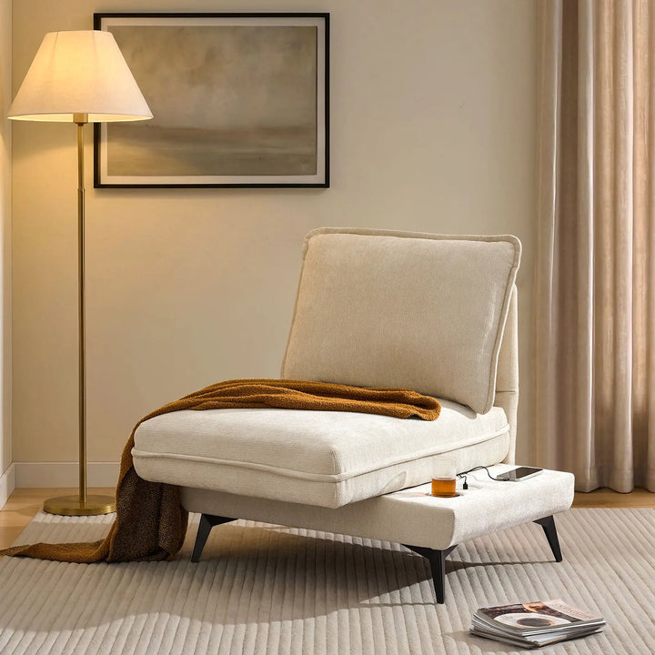 Hudson modular sofa (right) in living room corner with extended seat showing USB port and built-in cup holder