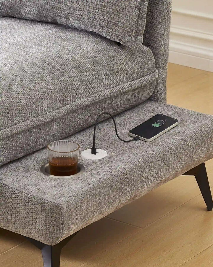 Close-up of Hudson grey modular sofa (right) USB port and integrated cup holder