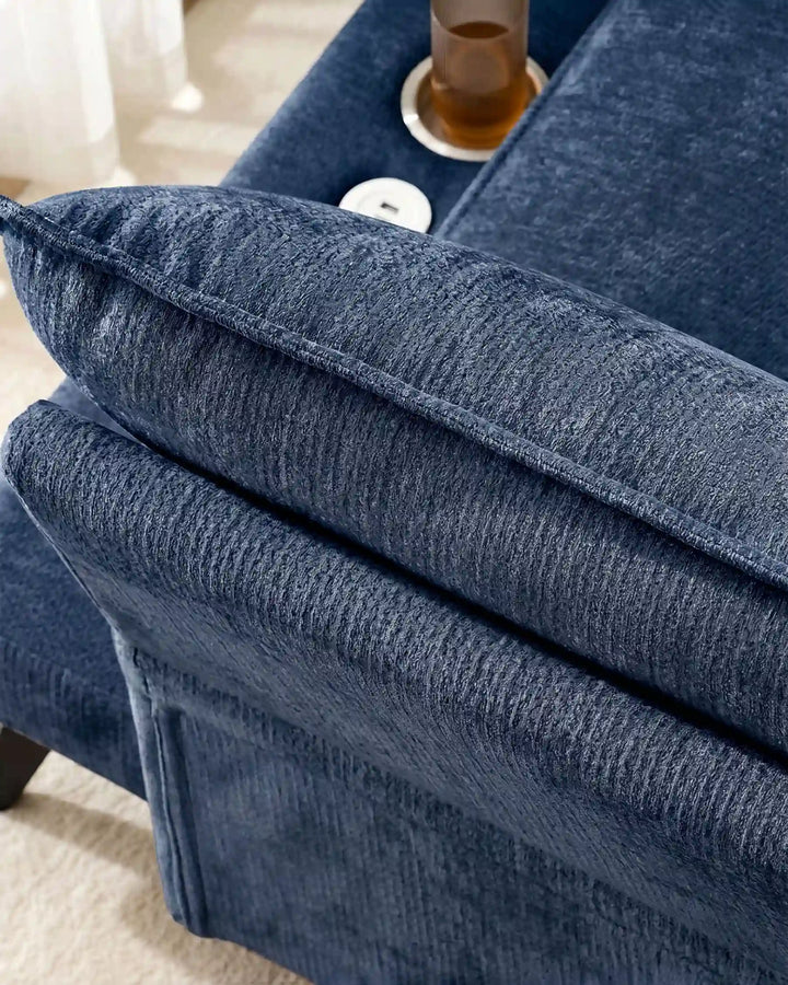 Top view of Hudson blue modular sofa (right) highlighting fine craftsmanship and detailing