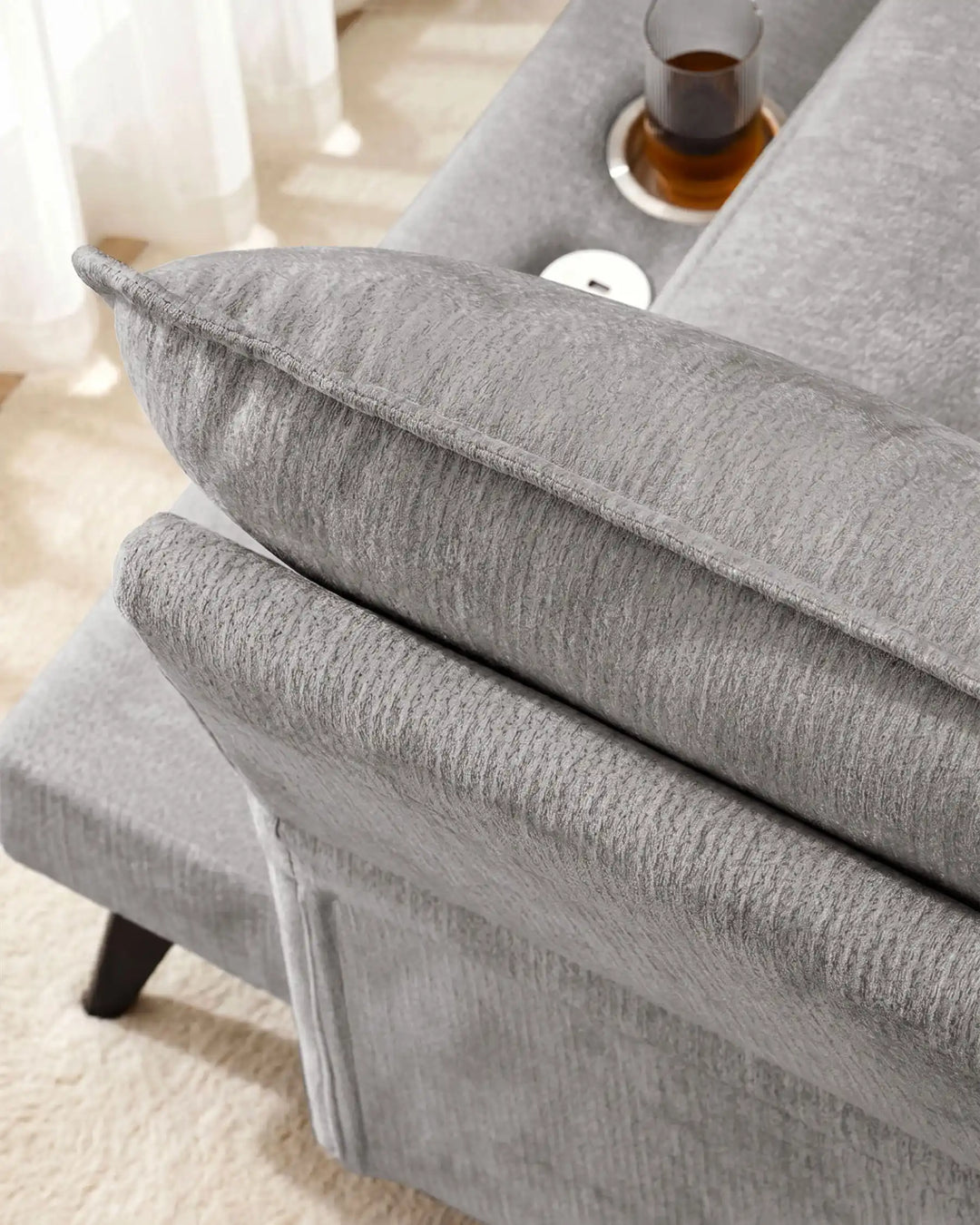 Top view of Hudson grey modular sofa (right) highlighting fine craftsmanship and detailing