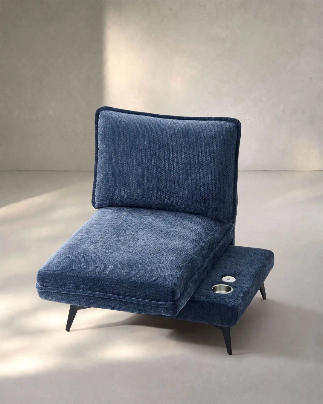 Hudson blue modular sofa (right) on white background showing extended seat view