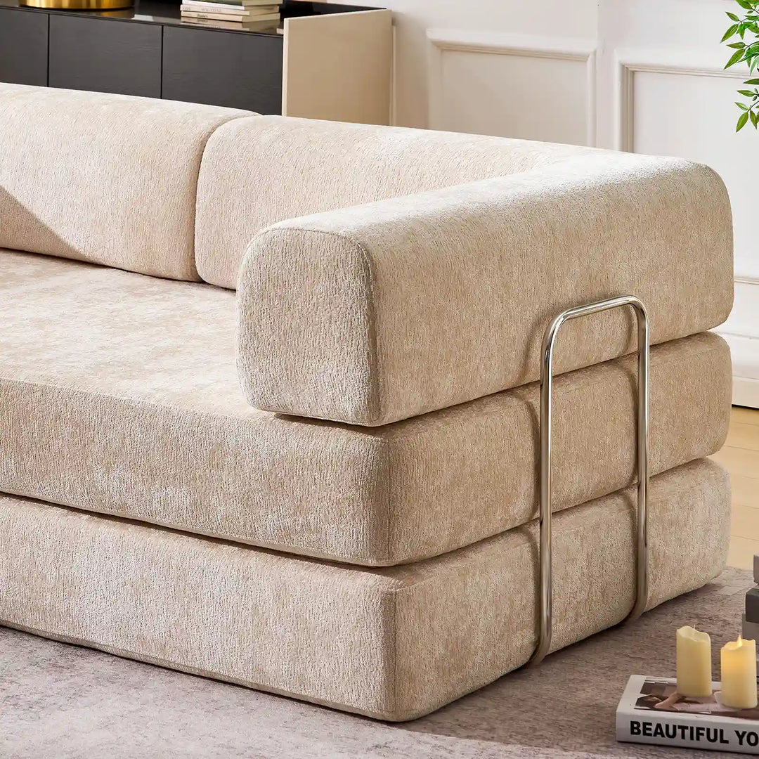 Details of the armrests and support structure of the Hugo Convertible Sofa Bed.