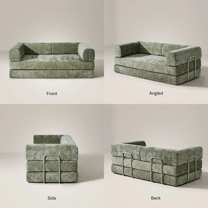 Front, side, and back views of the Hugo Convertible Sofa Bed.