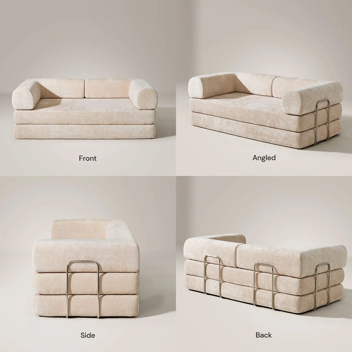 Front, side, and back views of the Hugo Convertible Sofa Bed.
