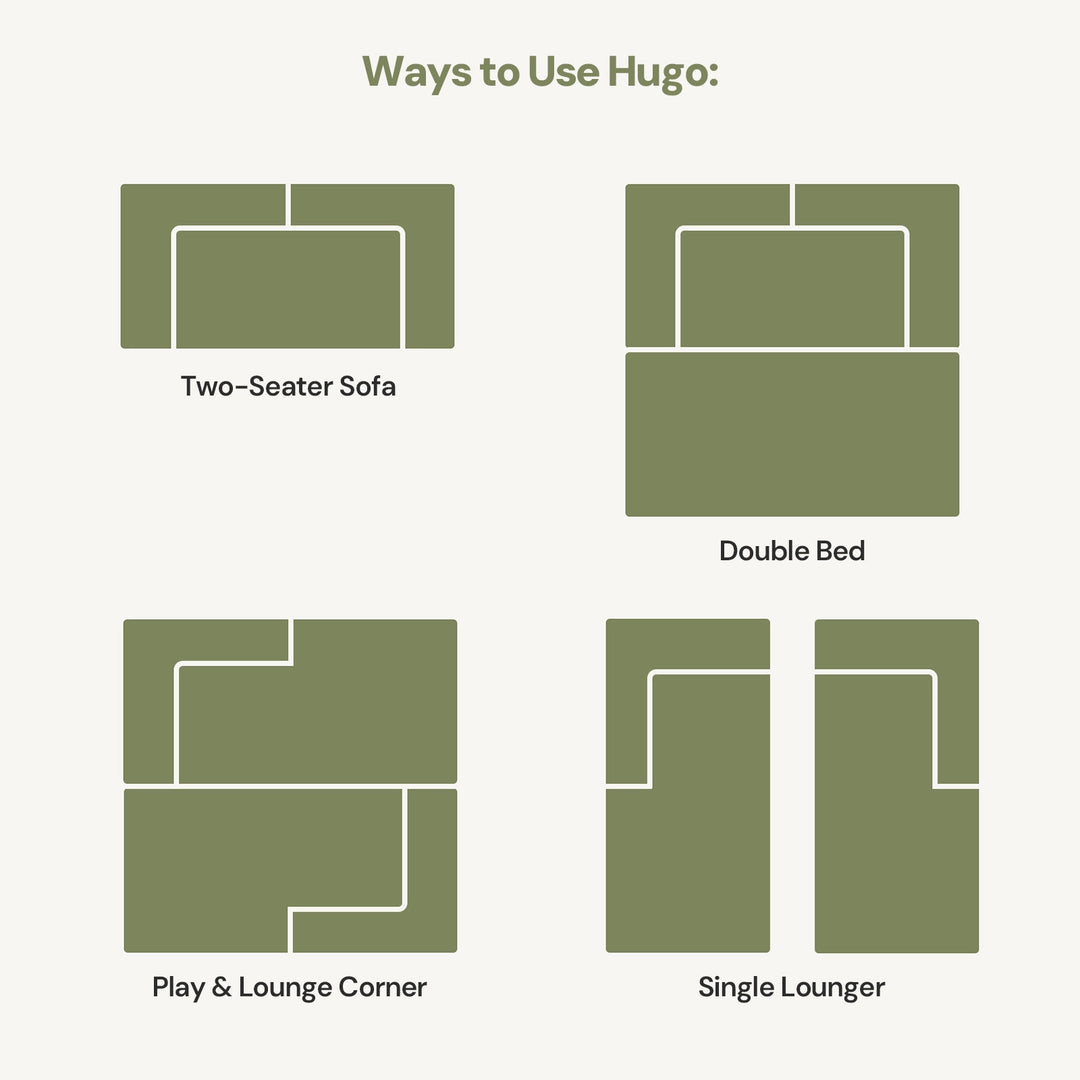 Illustrations showing four ways to use the Hugo Convertible Sofa Bed.