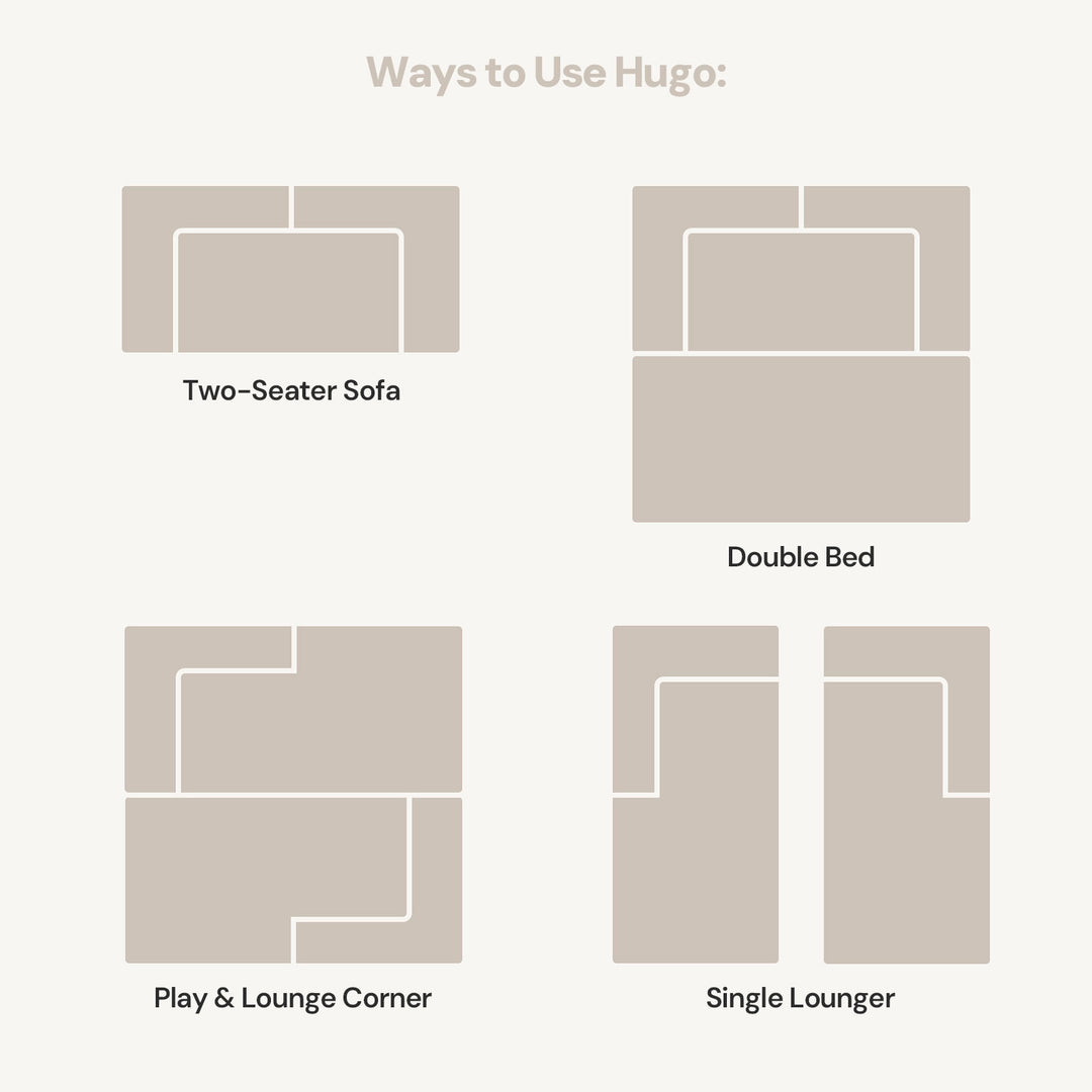 Illustrations showing four ways to use the Hugo Convertible Sofa Bed.