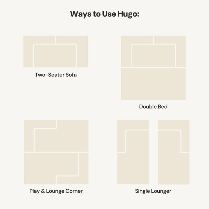 Illustrations showing four ways to use the Hugo Convertible Sofa Bed.