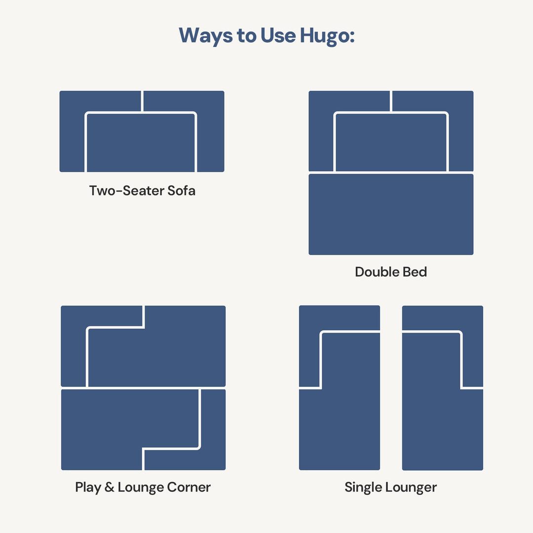 Illustrations showing four ways to use the Hugo Convertible Sofa Bed.