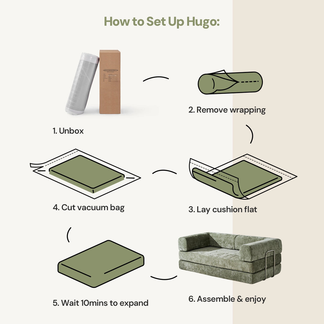 Detailed explanation of how to use the Hugo Convertible Sofa Bed.